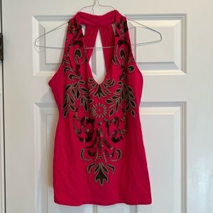 Boston Proper Red Halter Top with Black and Gold Embroidery